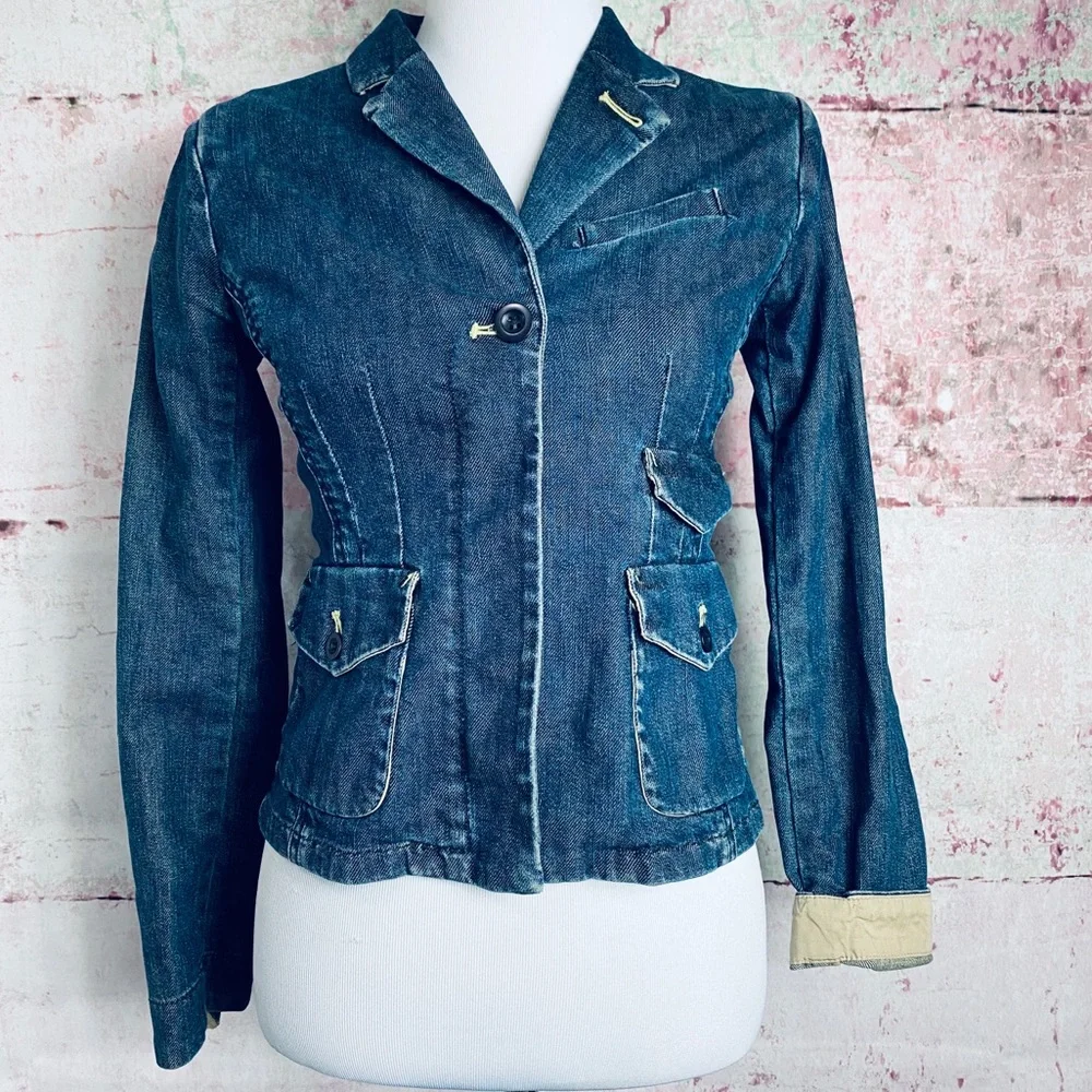 Louie Women Blue Denim Utility Blazer Jacket Size 4 Single Button‎ Flap Pockets